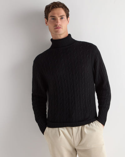 N.Peal Men's Berwick Cable Roll Neck Cashmere Jumper Black