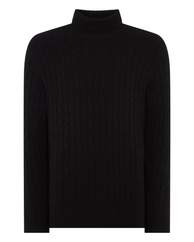 N.Peal Men's Berwick Cable Roll Neck Cashmere Jumper Black
