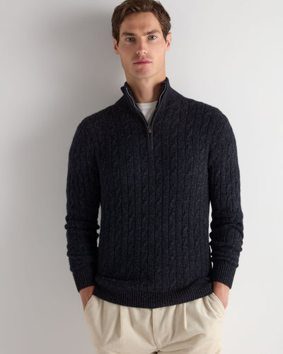 N.Peal Men's Albemarle Cable Half Zip Cashmere Jumper Ink Blue Melange