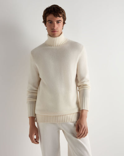 N.Peal Men's Brompton Roll Neck Cashmere Jumper New Ivory White