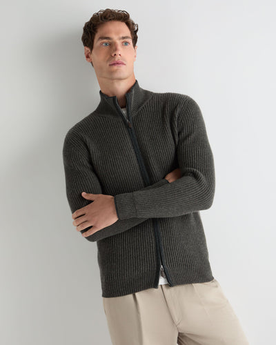 N.Peal Men's Lambeth Rib Full Zip Cashmere Cardigan Grey Moss