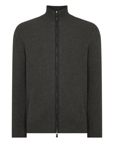 N.Peal Men's Lambeth Rib Full Zip Cashmere Cardigan Grey Moss