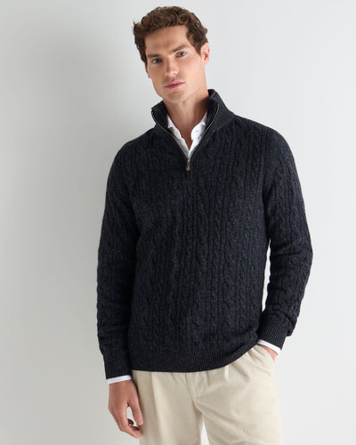 N.Peal Men's Fur Trim Half Zip Cashmere Jumper Ink Blue Melange