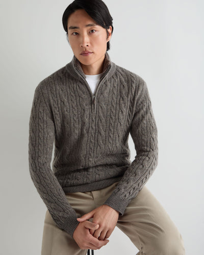 N.Peal Men's Fur Trim Half Zip Cashmere Jumper Wood Smoke Brown