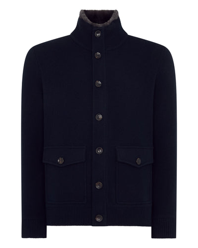 N.Peal Men's Knitted Cashmere Jacket With Fur Trim Navy Blue