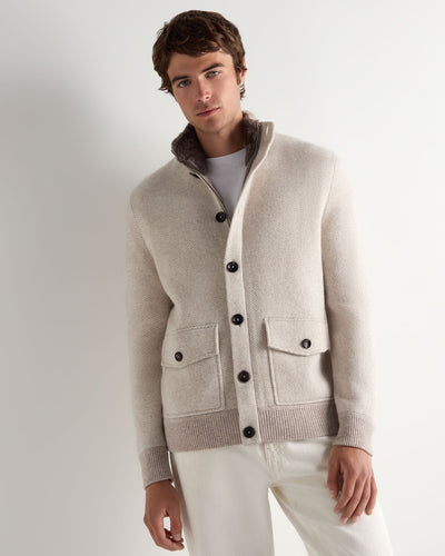 N.Peal Men's Herringbone Cashmere Jacket With Fur Trim Sand Brown
