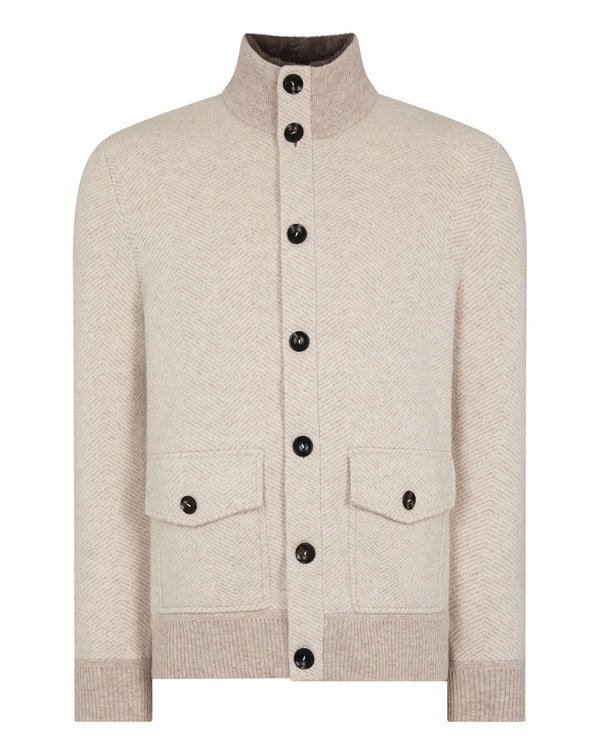 N.Peal Men's Herringbone Cashmere Jacket With Fur Trim Sand Brown