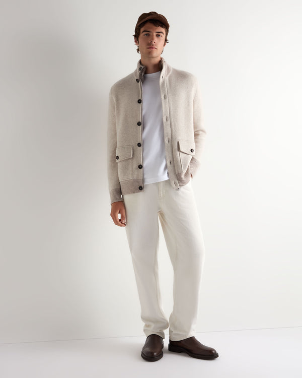 N.Peal Men's Herringbone Cashmere Jacket With Fur Trim Sand Brown