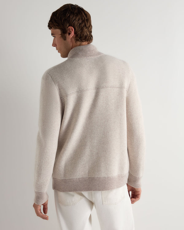 N.Peal Men's Herringbone Cashmere Jacket With Fur Trim Sand Brown