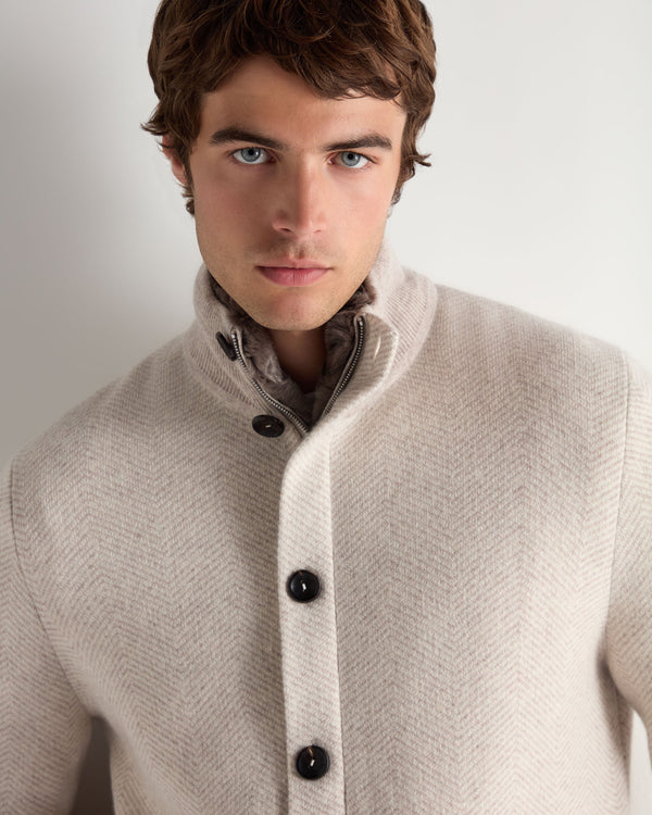 N.Peal Men's Herringbone Cashmere Jacket With Fur Trim Sand Brown