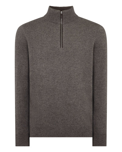 N.Peal Men's Fur Trim Half Zip Cashmere Jumper Wood Smoke Brown