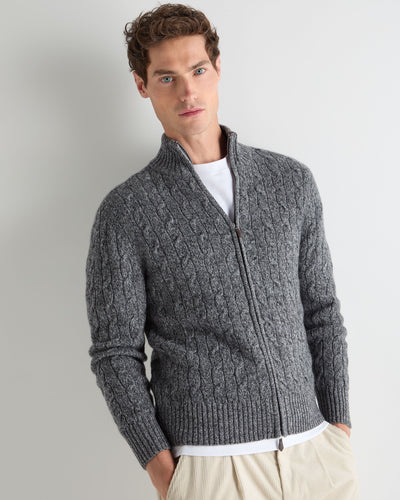 N.Peal Men's Cable Knit Zip-Up Cashmere Cardigan Elephant Grey Melange