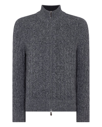 N.Peal Men's Cable Knit Zip-Up Cashmere Cardigan Elephant Grey Melange
