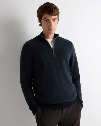N.Peal Men's Temple Jacquard Half Zip Cashmere Jumper Navy Blue