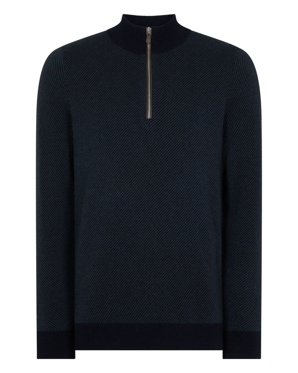 N.Peal Men's Temple Jacquard Half Zip Cashmere Jumper Navy Blue