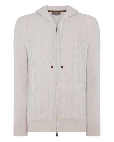 N.Peal Men's Fulham Cable Zip Cashmere Hoodie Arctic Grey Melange