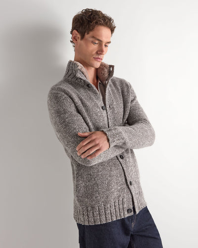 N.Peal Men's Button Through Cashmere Cardigan With Fur Trim Soft Truffle Brown Melange