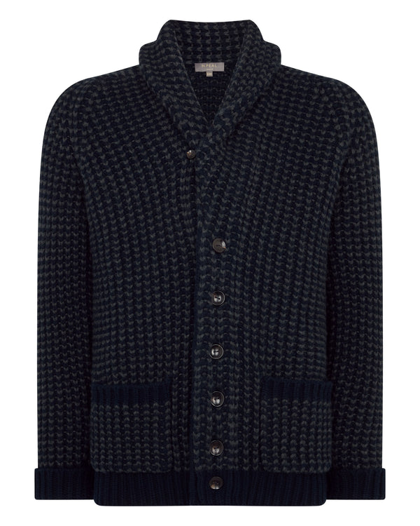 N.Peal Men's Textured Kensington Cashmere Cardigan Navy Blue