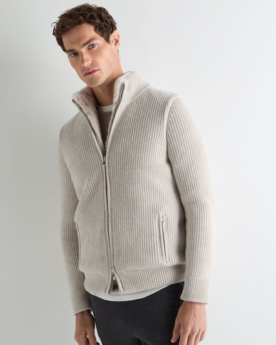 N.Peal Men's Ribbed Fur Lined Cashmere Jacket Pebble Grey