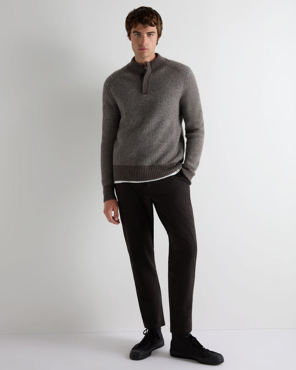 N.Peal Men's Waffle Knit Half Button Cashmere Jumper Biscotti Brown