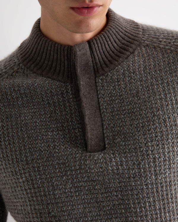 N.Peal Men's Waffle Knit Half Button Cashmere Jumper Biscotti Brown