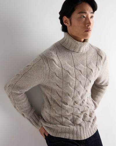 N.Peal Men's Heavyweight Cable Roll Neck Cashmere Jumper Basilica Beige Brown Marl