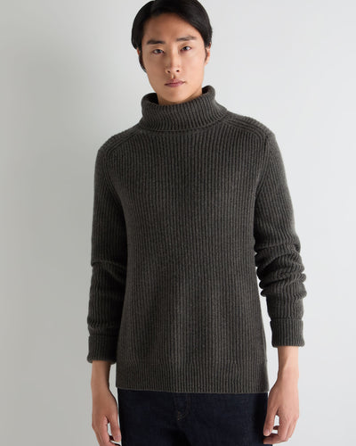 N.Peal Men's English Rib Roll Neck Cashmere Jumper Grey Moss