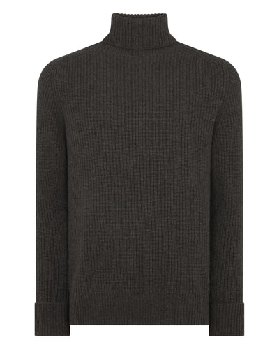 N.Peal Men's English Rib Roll Neck Cashmere Jumper Grey Moss