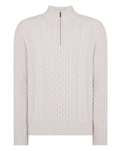 N.Peal Men's Aran Half Zip Cashmere Jumper Snow Grey