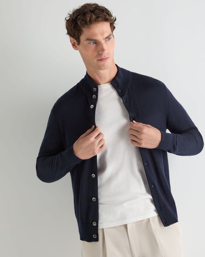 N.Peal Men's Buttoned Fine Gauge Cashmere Jumper Navy Blue