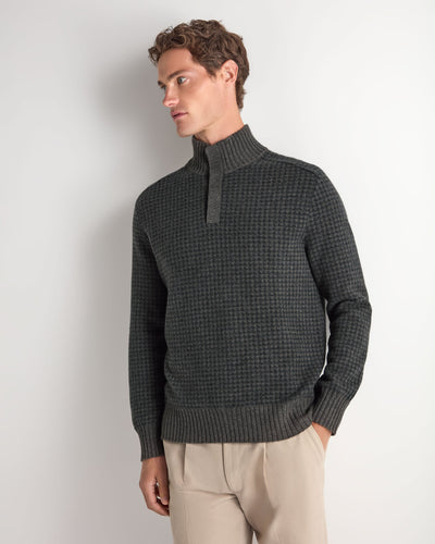 N.Peal Men's Houndstooth Half Button Cashmere Jumper Grey Moss