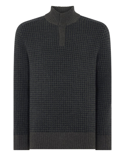 N.Peal Men's Houndstooth Half Button Cashmere Jumper Grey Moss