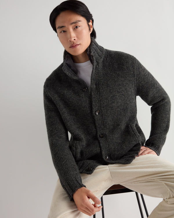 Men's Cashmere Melange Button Cardigan With Fur Trim  1