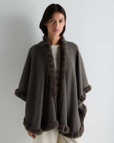 N.Peal Women's Ayla Fur Trim Cashmere Cape Wood Smoke Brown