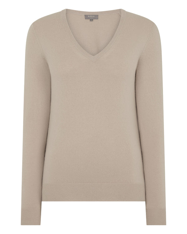 N.Peal Women's Phoebe V Neck Cashmere Jumper Cashew Brown