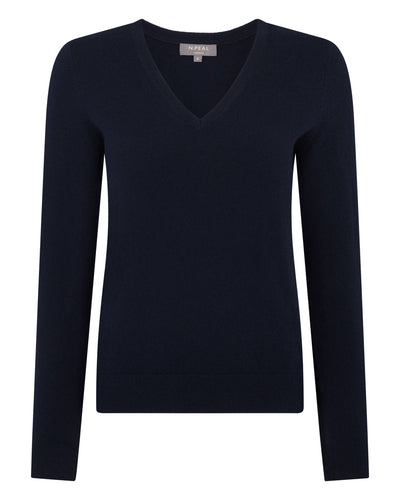 N.Peal Women's Phoebe V Neck Cashmere Jumper Navy Blue