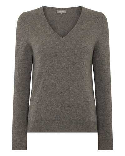 N.Peal Women's Phoebe V Neck Cashmere Jumper Wood Smoke Brown