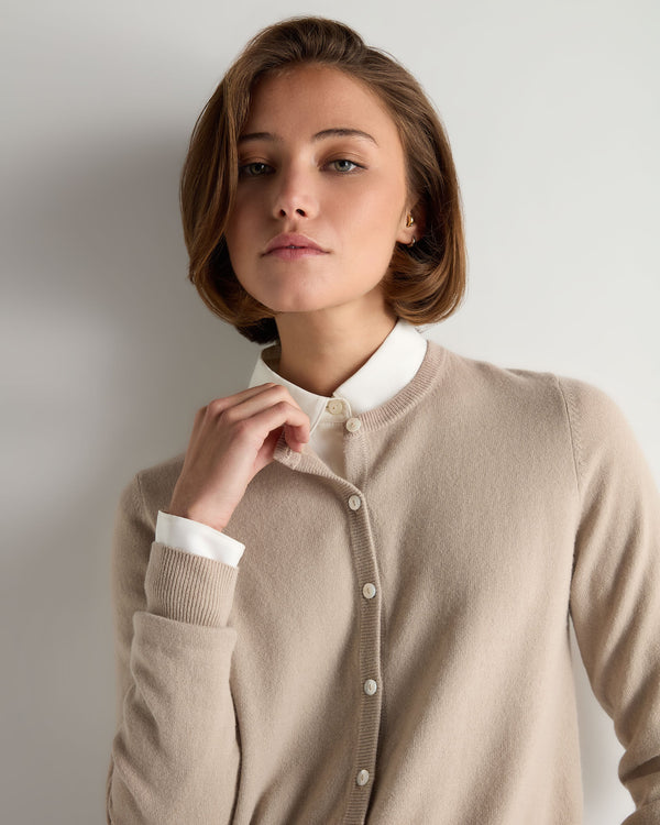 N.Peal Women's Olivia Round Neck Cashmere Cardigan Cashew Brown