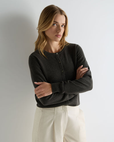 N.Peal Women's Olivia Round Neck Cashmere Cardigan Grey Moss