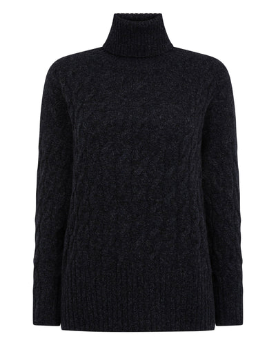 N.Peal Women's Emmie Relaxed Cable Roll Neck Cashmere Jumper Ink Blue Melange