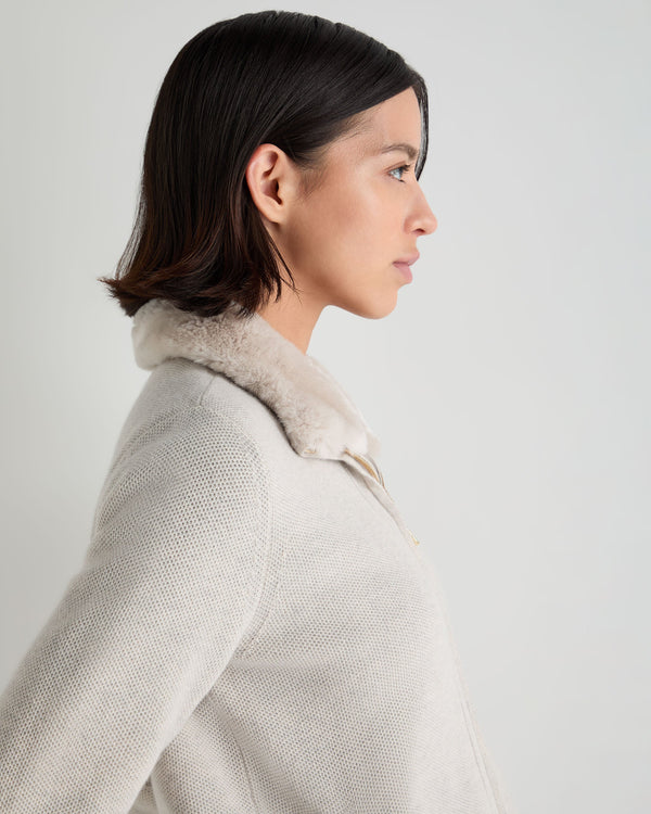 Women's Honeycomb Full Zip Cashmere Sweater With Fur Trim 8