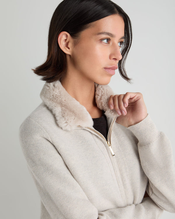 Women's Honeycomb Full Zip Cashmere Sweater With Fur Trim 5
