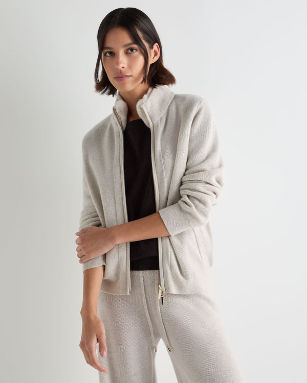 Women's Honeycomb Full Zip Cashmere Sweater With Fur Trim 1