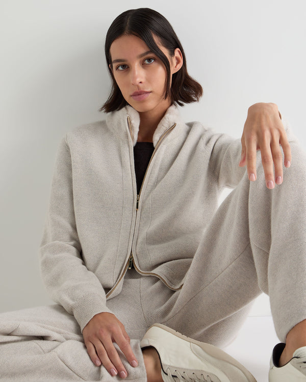 Women's Honeycomb Full Zip Cashmere Sweater With Fur Trim 6