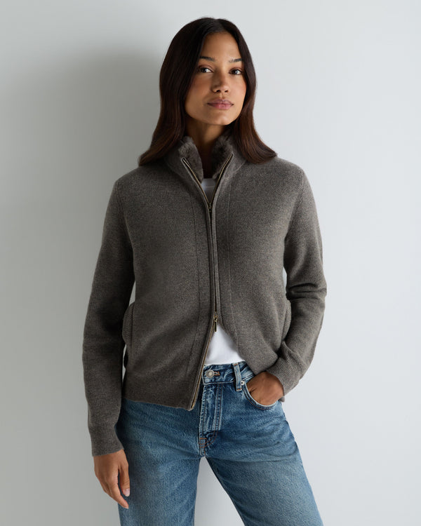 Women's Honeycomb Full Zip Cashmere Sweater With Fur Trim 1