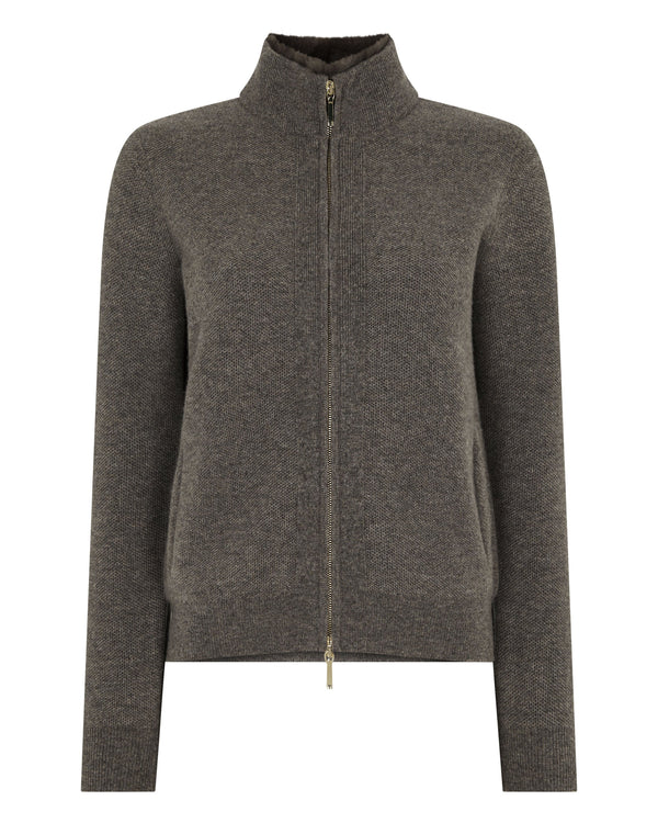 Women's Honeycomb Full Zip Cashmere Sweater With Fur Trim 2