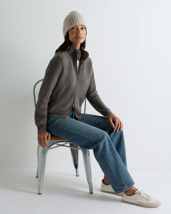 Women's Honeycomb Full Zip Cashmere Sweater With Fur Trim 3