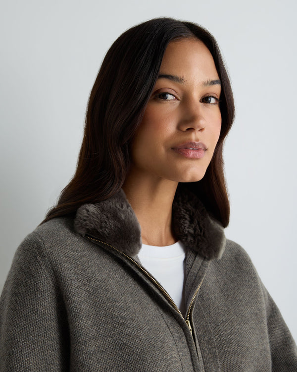 Women's Honeycomb Full Zip Cashmere Sweater With Fur Trim 5