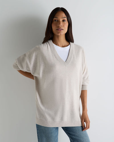 N.Peal Women's Longline V Neck Cashmere Jumper Pebble Grey