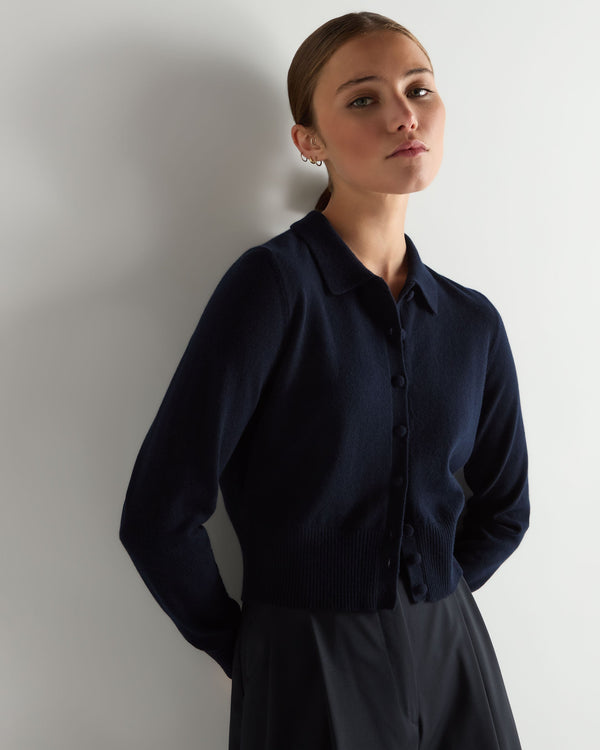 N.Peal Women's Thea Collared Cashmere Cardigan Navy Blue